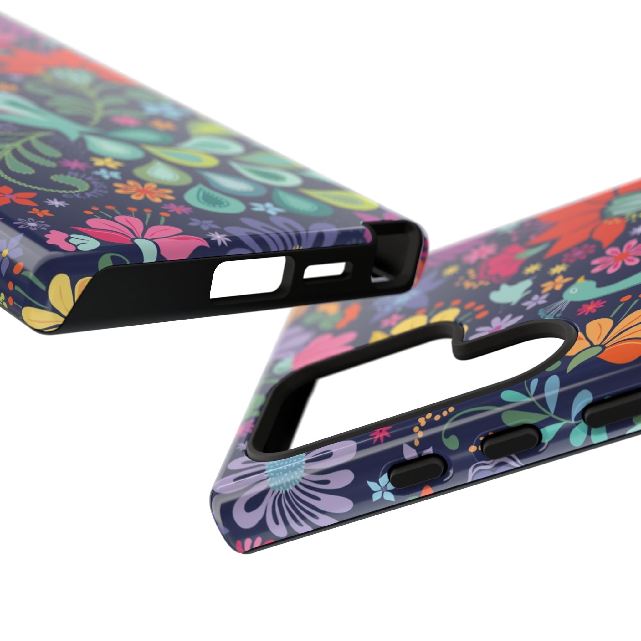Luxury Peacock Sanctuary Samsung Galaxy S24 Ultra Case – Matte | close-up of sides, buttons, and ports of case in navy, teal, coral multicolor vibrant peacock feather botanical print