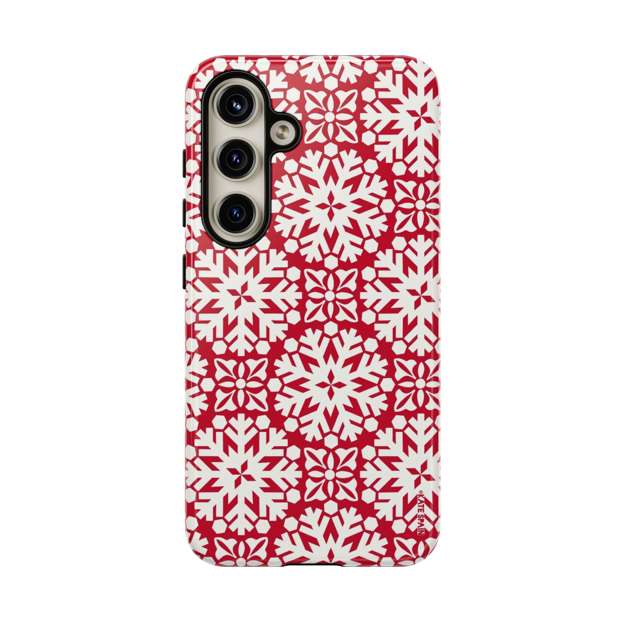 Flurry Samsung Galaxy S24 Case – Glossy | white, red geometric snowflake tile print