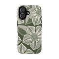 Vintage Bloom Cypress MagSafe iPhone 17 – Glossy | cypress green ground, large-scale white clematis print, engraved petal detail, dual-layer protection