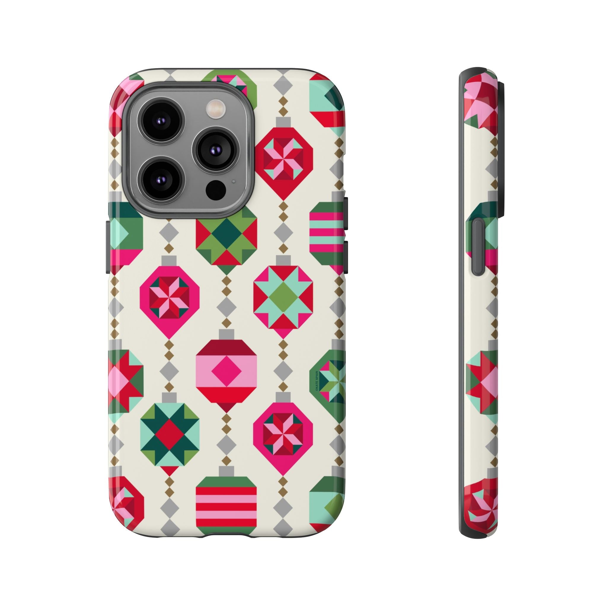 Felicity Ornaments Tough iPhone 14 Pro Case – Glossy | cream, red, pink, green, mint geometric quilted ornament print