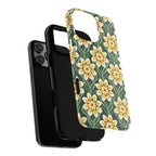 Designer Modern Dahlia Tough iPhone 16 Pro Max Case – detail view of layered construction of case | yellow, cream, green dahlia floral print