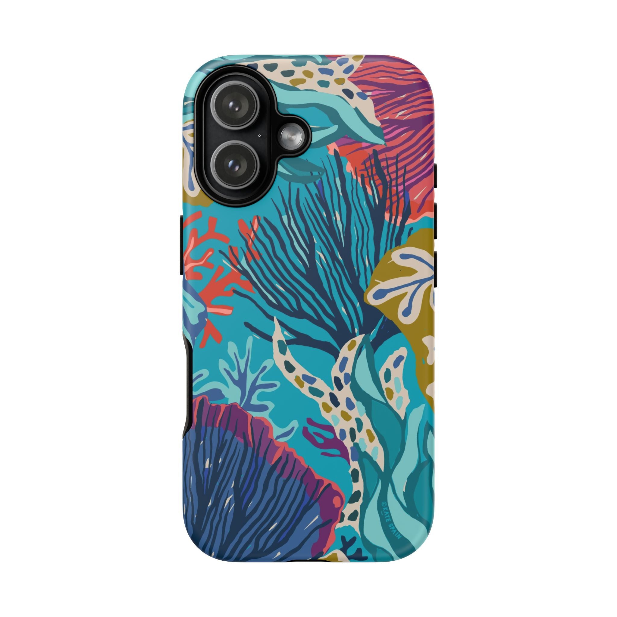 Reef Tough iPhone 17 Case – Matte | teal, coral, navy, purple botanical coral reef print