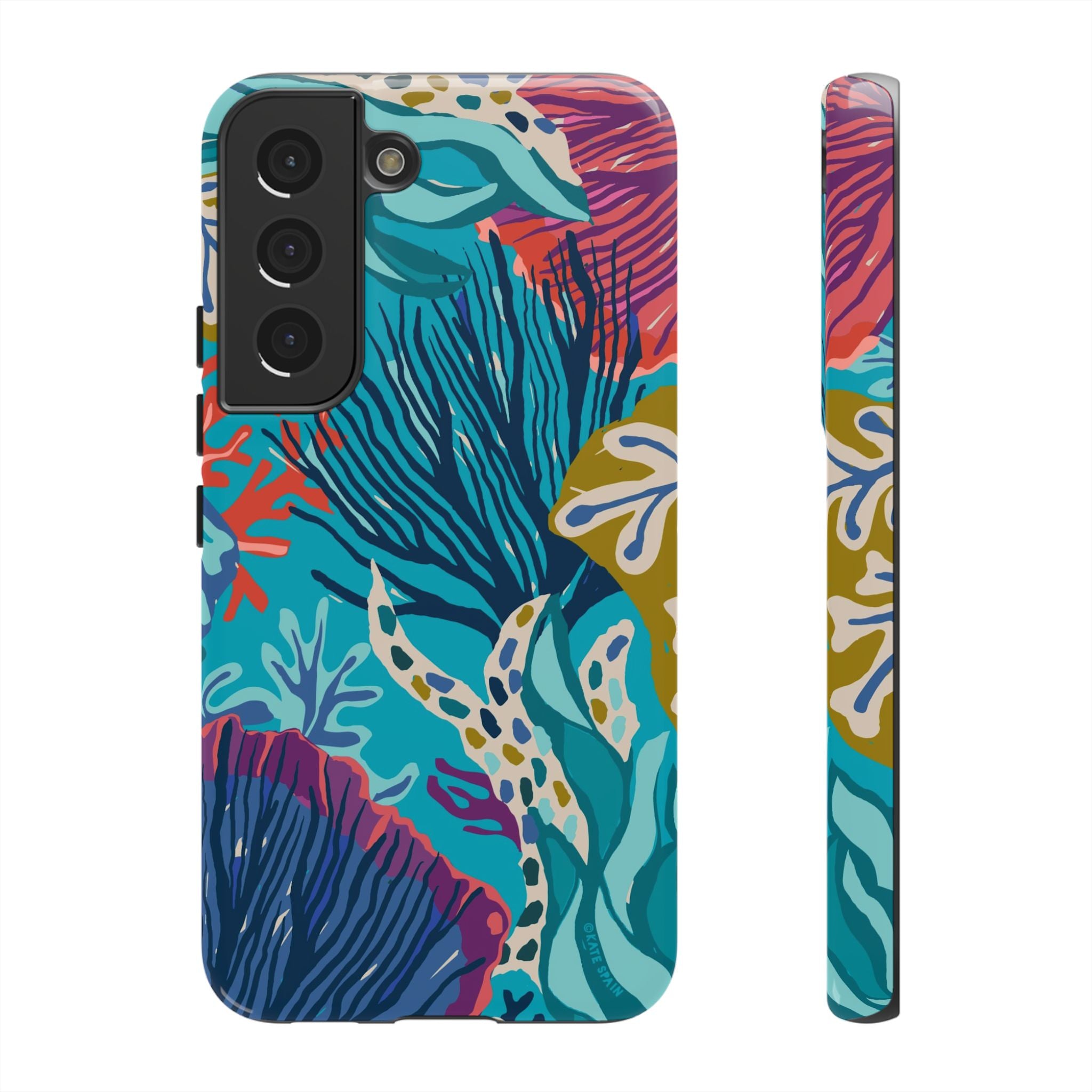 Luxury Reef Samsung Galaxy S22 Case – Glossy | teal, navy, magenta, olive coral reef print