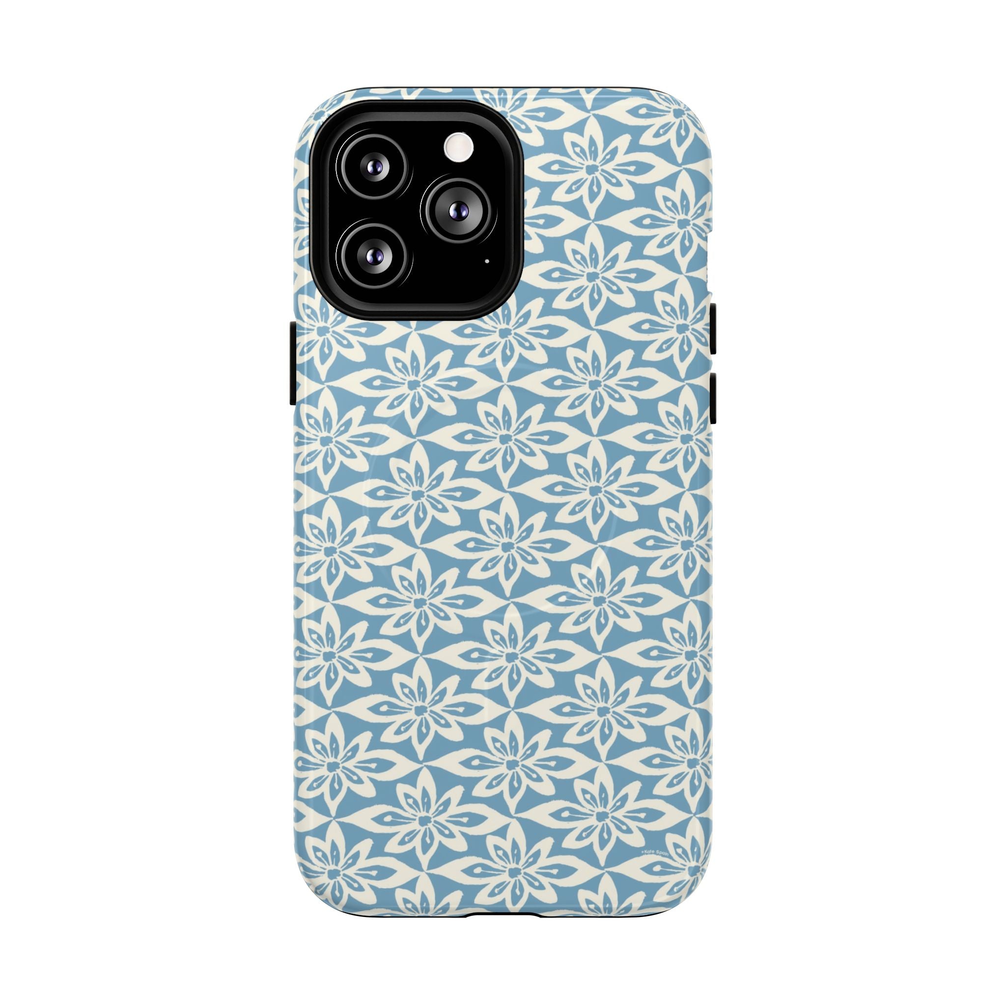 Lily Blue MagSafe iPhone 13 Pro Max Glossy case — geometric white lily print on dusty blue by Kate Spain