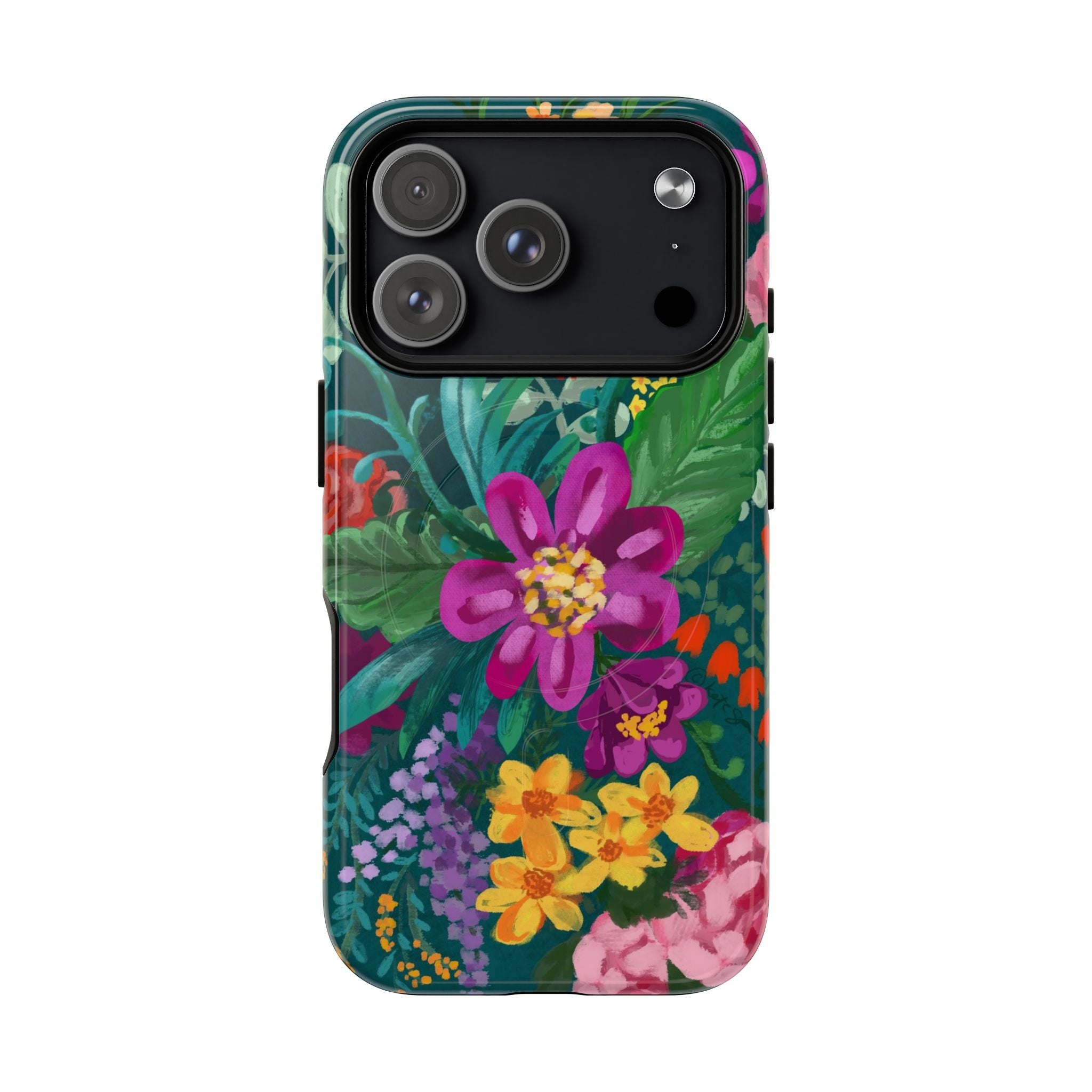 Posy MagSafe iPhone 17 Pro Case – Glossy | teal, purple, magenta, yellow botanical wildflower print