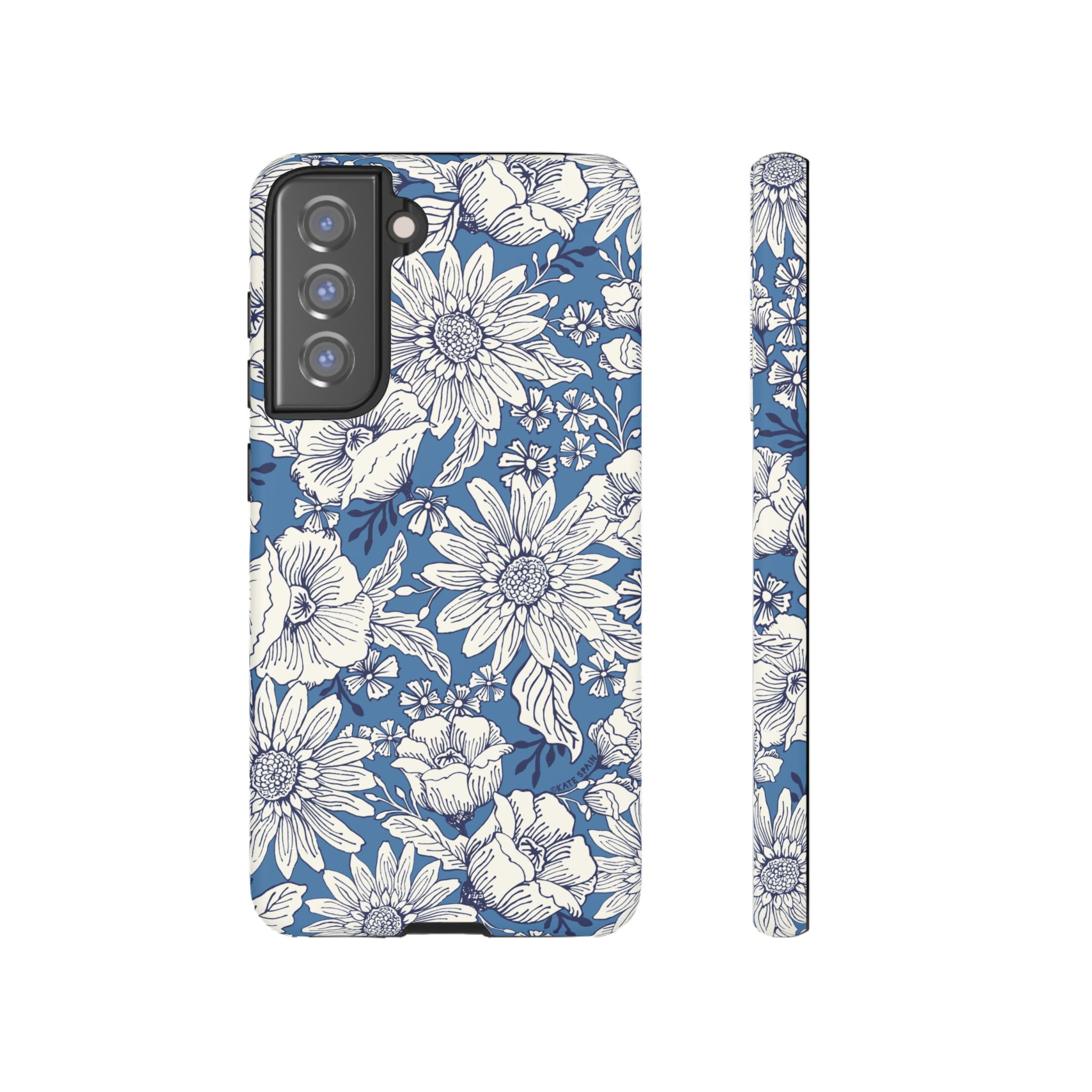 Luxury Jardin Samsung Galaxy S21 FE Case – Matte | steel blue, white botanical daisy floral print