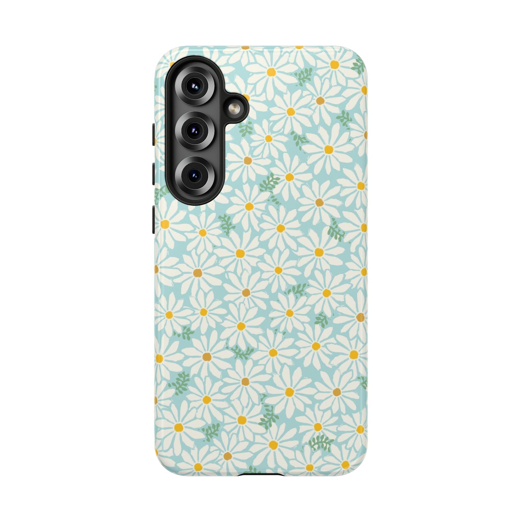 Daisies Samsung Galaxy S25 Plus Case – Glossy | sky blue, white daisy print, golden yellow centers, mint green leaves dual-layer protection