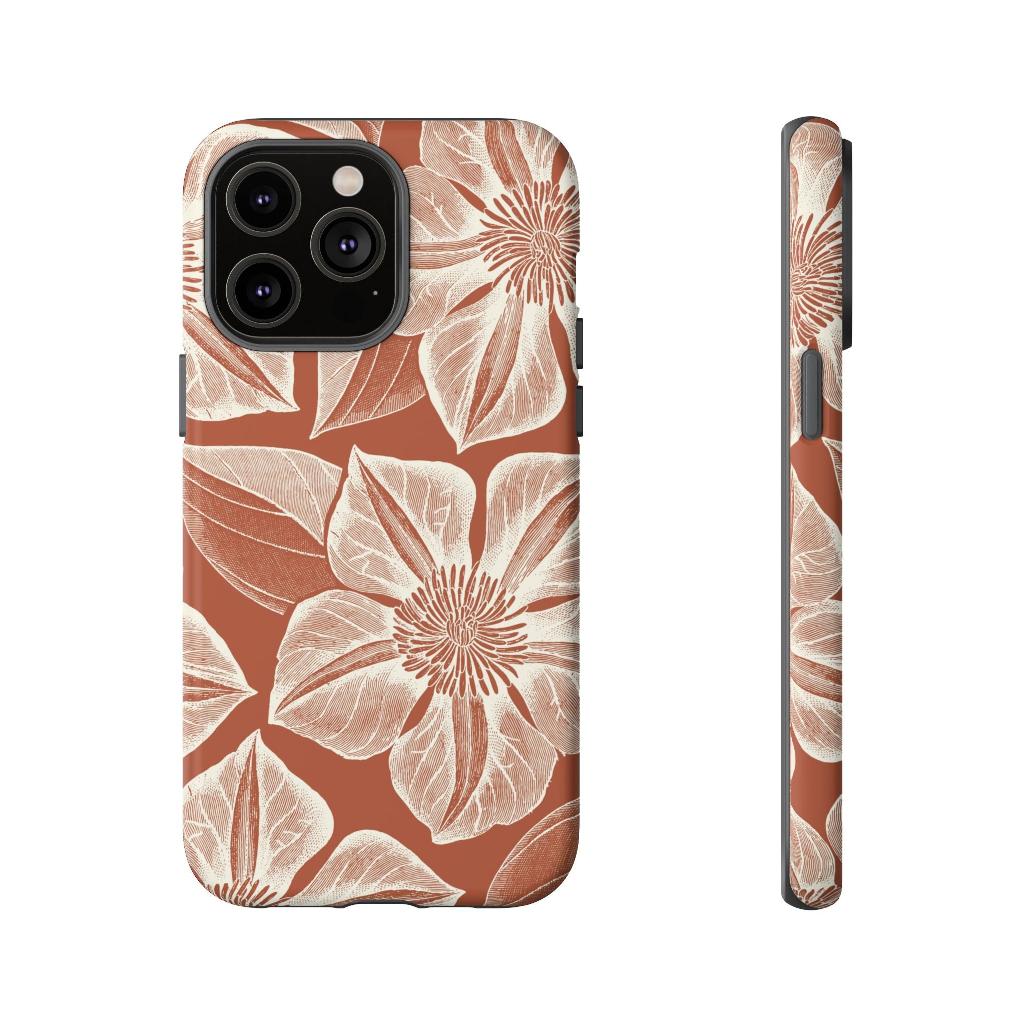 Vintage Bloom Sienna iPhone 14 Pro Max case – Matte | sienna ground, large-scale cream clematis print, engraved petal detail, dual-layer protection