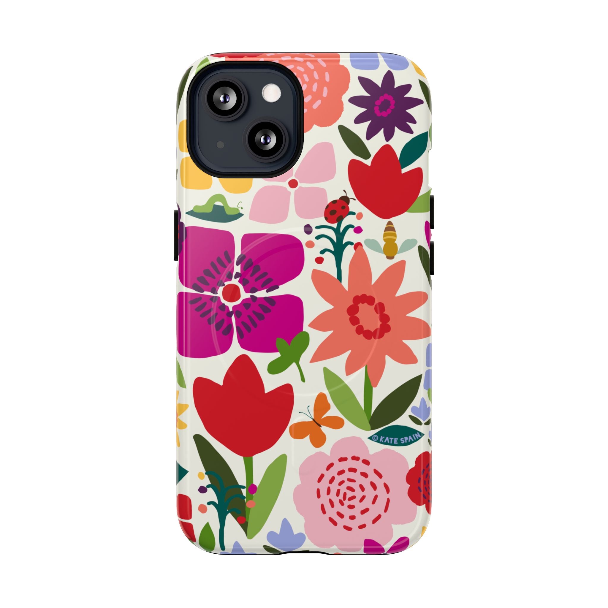 Happy Blooms MagSafe iPhone 13 Case – Glossy | cream, red, magenta, coral botanical floral print
