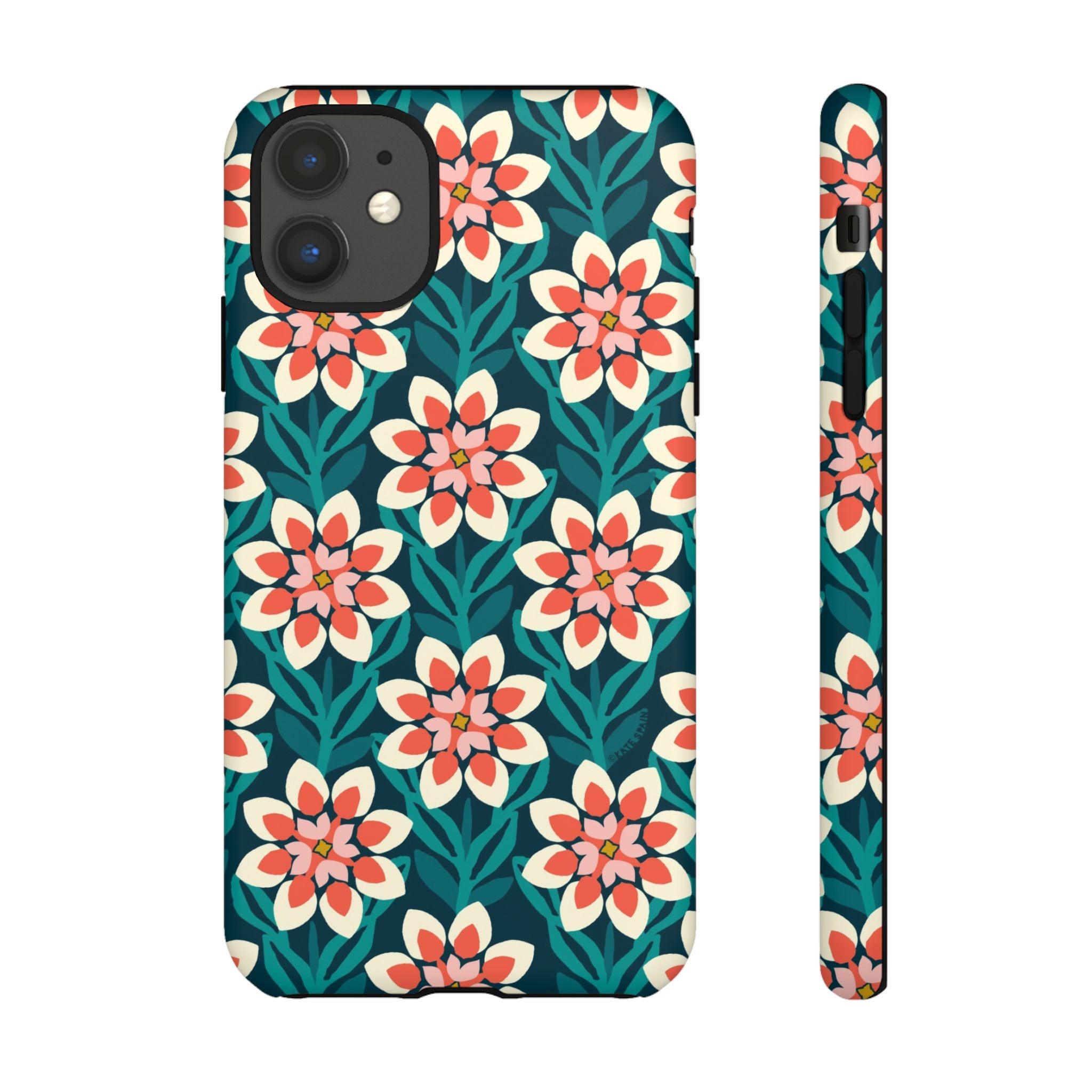 Modern Dahlia Tough iPhone 11 Case – Matte | teal, coral, cream geometric dahlia floral print