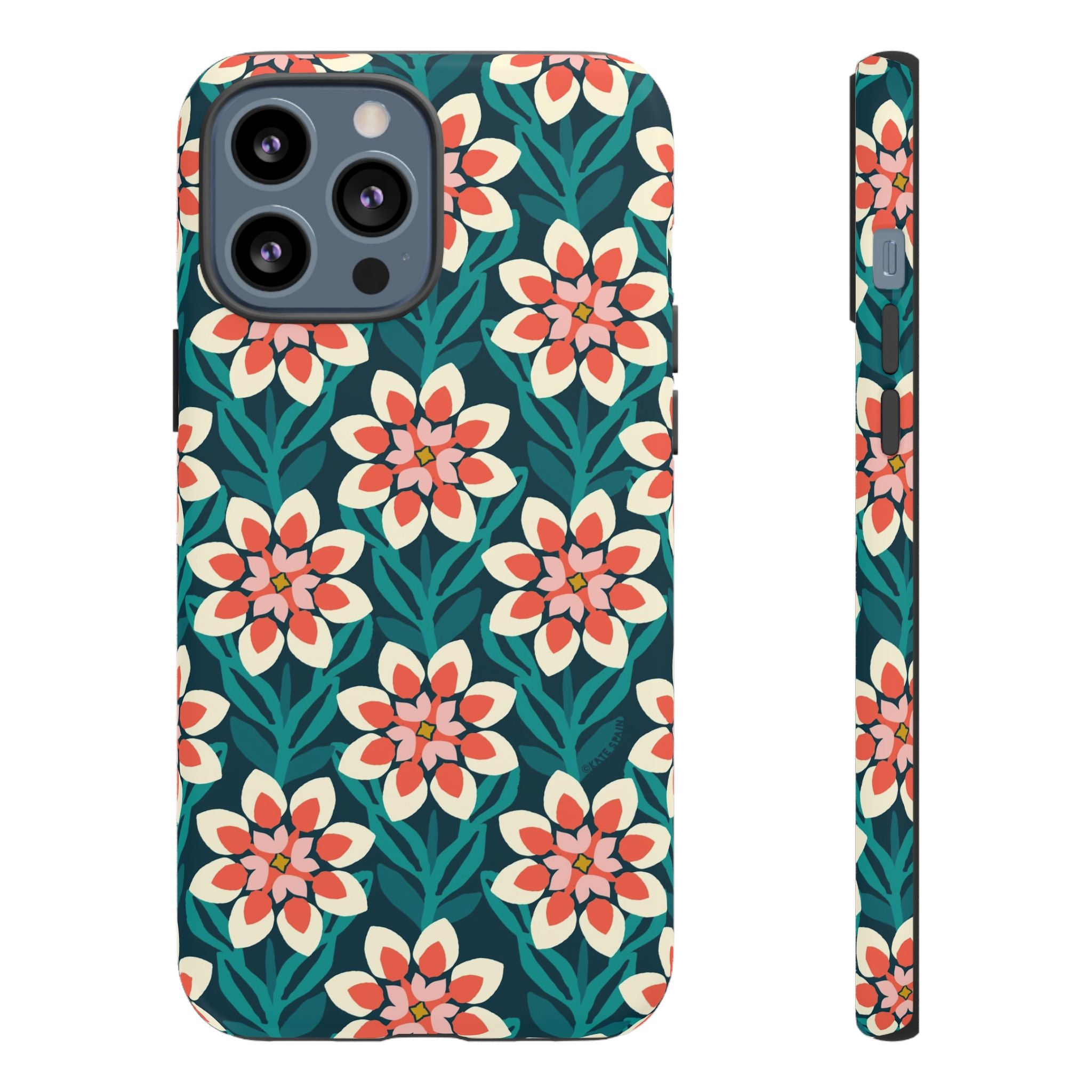 Modern Dahlia Tough iPhone 13 Pro Max Case – Matte | teal, coral, cream geometric dahlia floral print
