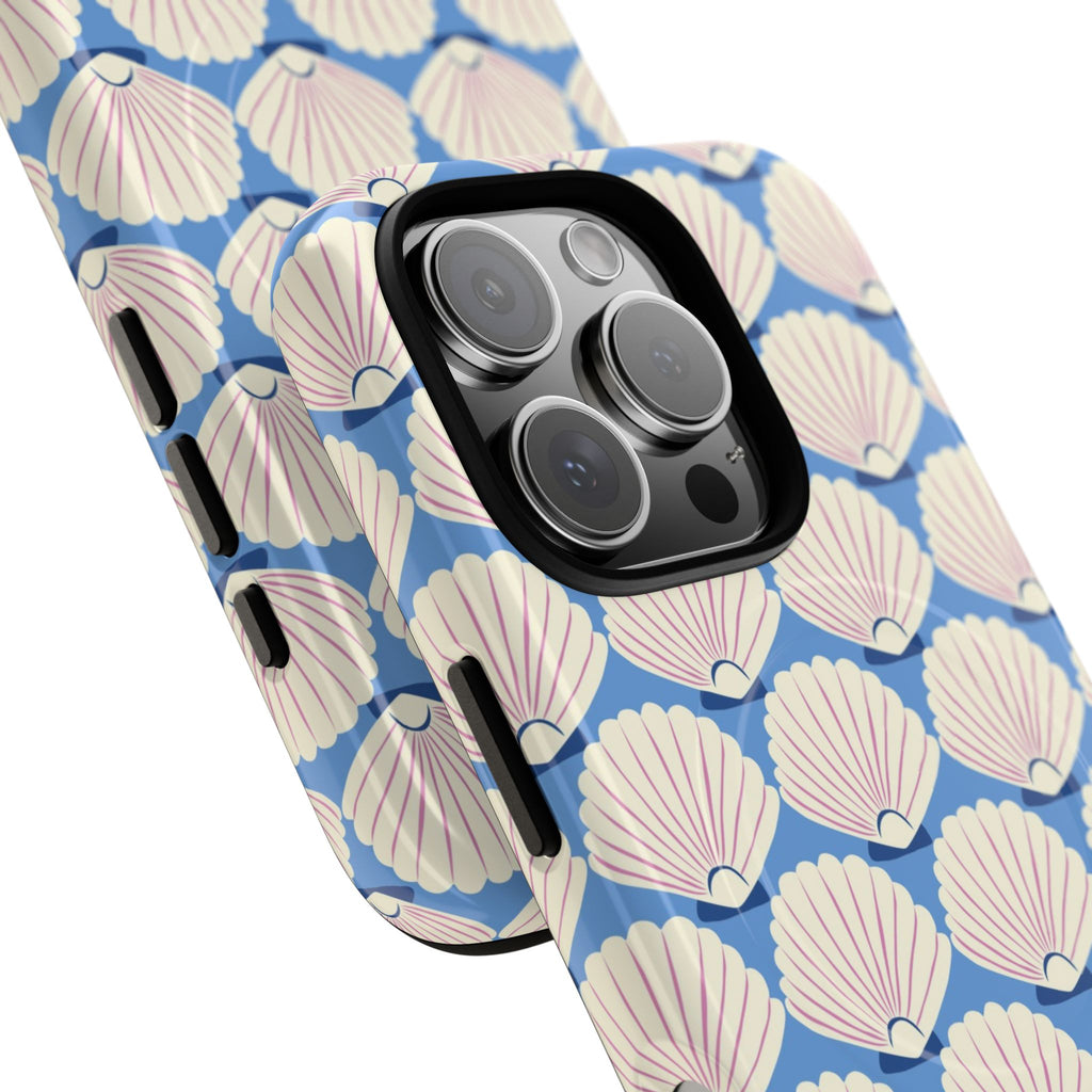 Seashells MagSafe iPhone 16 Pro Max Case – Glossy | periwinkle, cream, blush scallop shell print | angled view closeup of camera cutout and buttons