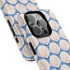 Seashells MagSafe iPhone 16 Pro Max Case – Glossy | periwinkle, cream, blush scallop shell print | angled view closeup of camera cutout and buttons
