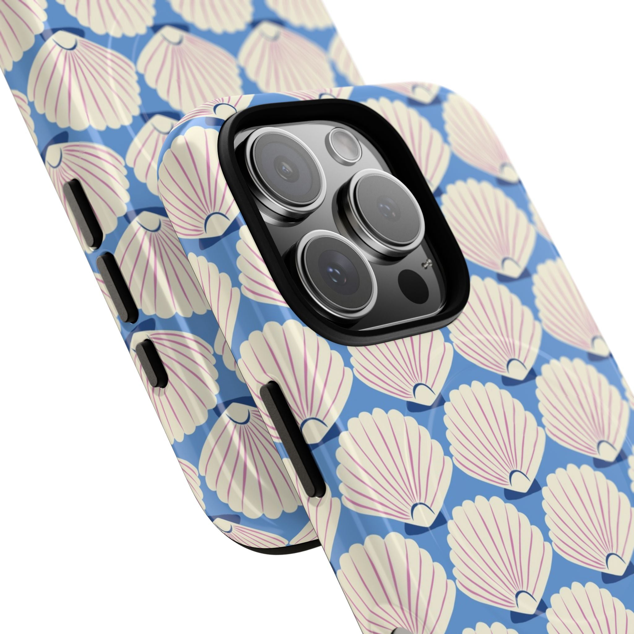 Seashells MagSafe iPhone 16 Pro Max Case – Glossy | periwinkle, cream, blush scallop shell print | angled view closeup of camera cutout and buttons