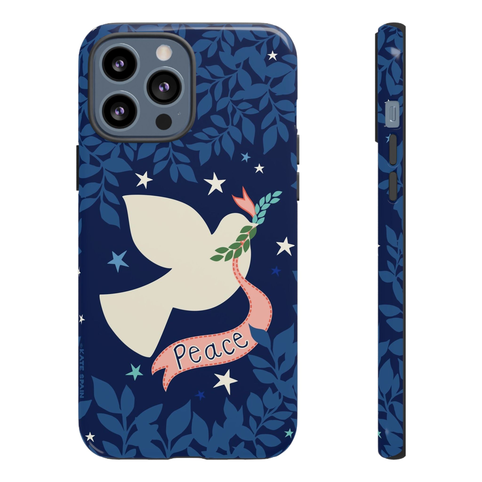 Peace Tough iPhone 13 Pro Max Case – Glossy | navy, cream peace dove, stars, botanical print