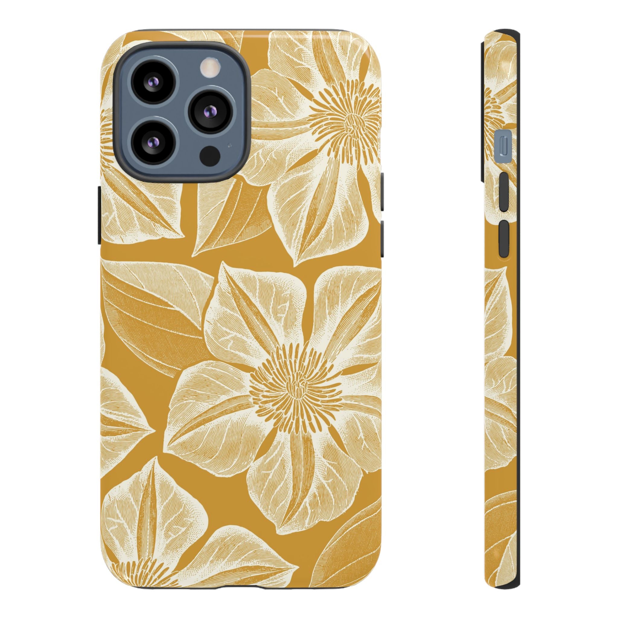 Vintage Bloom Gold iPhone 13 Pro Max case – Glossy | gold ground, large-scale cream clematis print, engraved petal detail, dual-layer protection