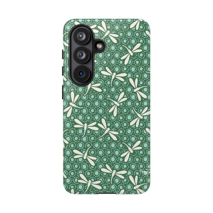 Dragonfly Pattern Phone Case — Green Floral Protective Tough Case