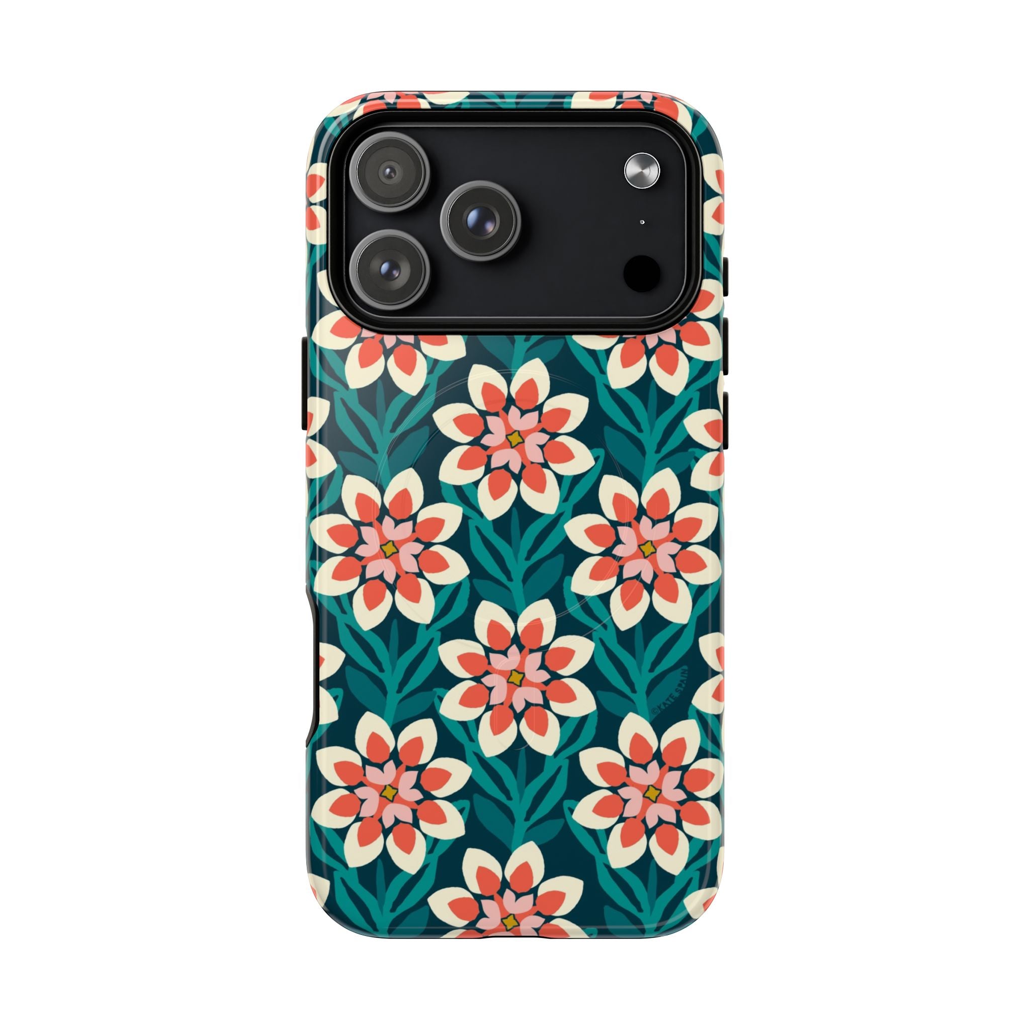 Modern Dahlia MagSafe iPhone 17 Pro Max Case – Glossy | teal, coral, cream botanical dahlia floral print
