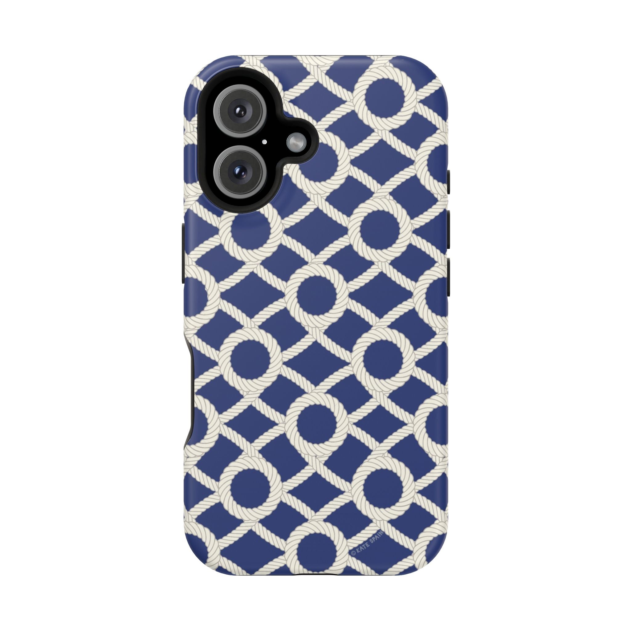 Sailor's Knot MagSafe iPhone 16 Plus Case – Glossy | navy, cream nautical rope knot lattice print