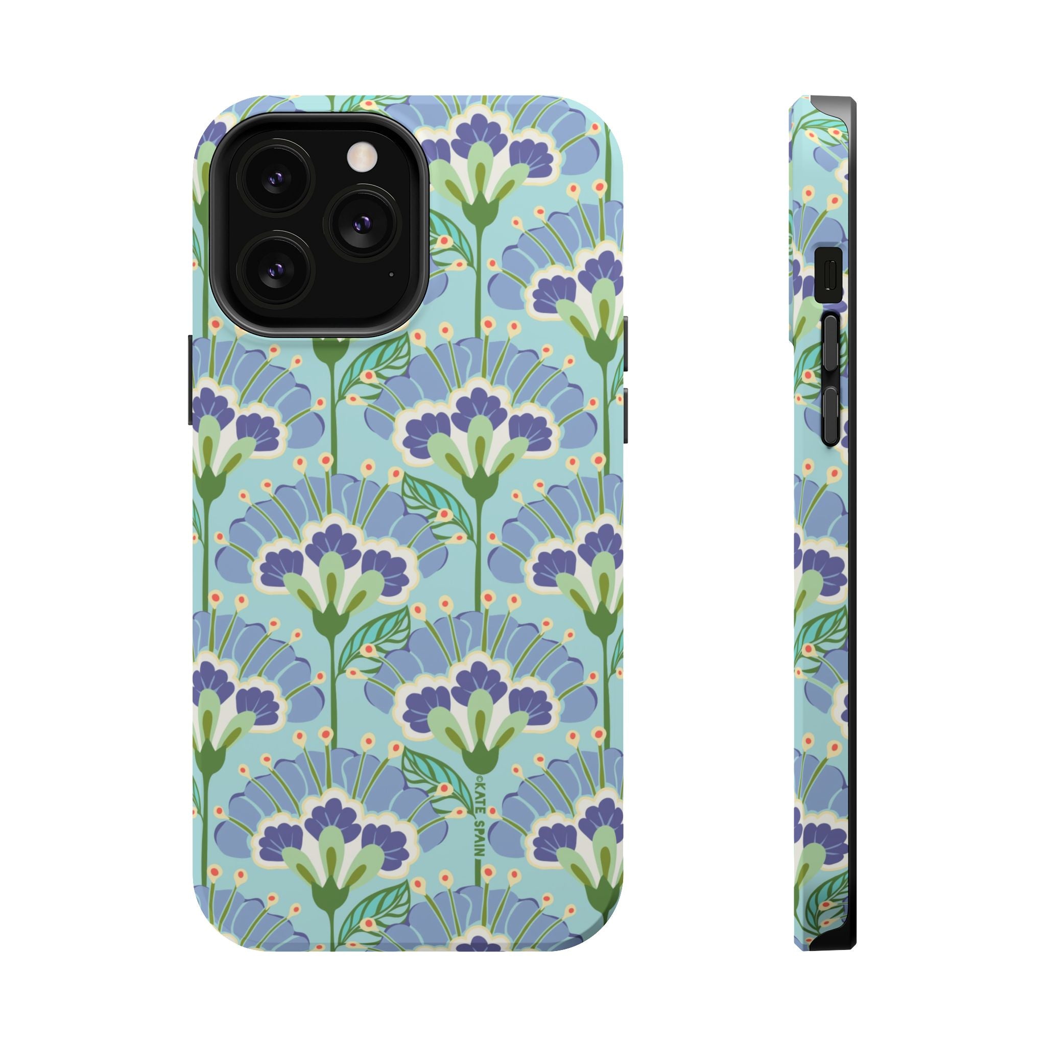 Lantern Flower MagSafe iPhone 15 Case – Glossy | aqua, periwinkle, green botanical lantern floral print MagSafe compatible, dual-layer protection