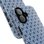 Blue Navy Ikat iPhone Case with geometric textile pattern — iPhone 16 Pro Max, Glossy — angled close-up of camera and buttons — botanical phone case by Kate Spain for Floriori