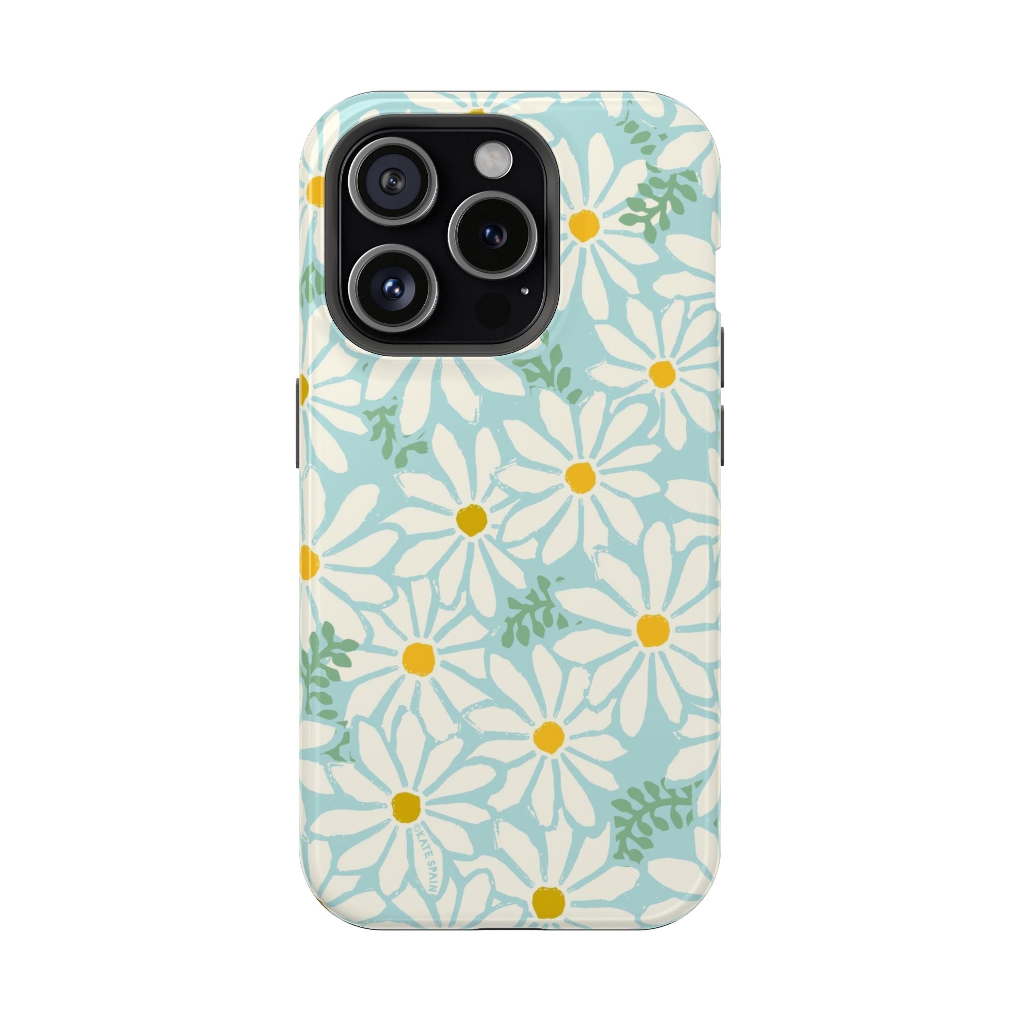 Daisies MagSafe iPhone 15 Pro Case – Glossy | white, yellow, aqua watercolor daisy print