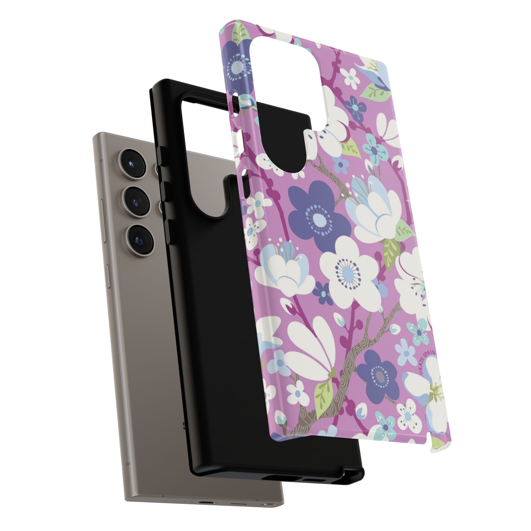 Cherry Blossom Samsung Galaxy S24 Ultra Case – Glossy | detail of layered structure of case in mauve, white, periwinkle cherry blossom floral print