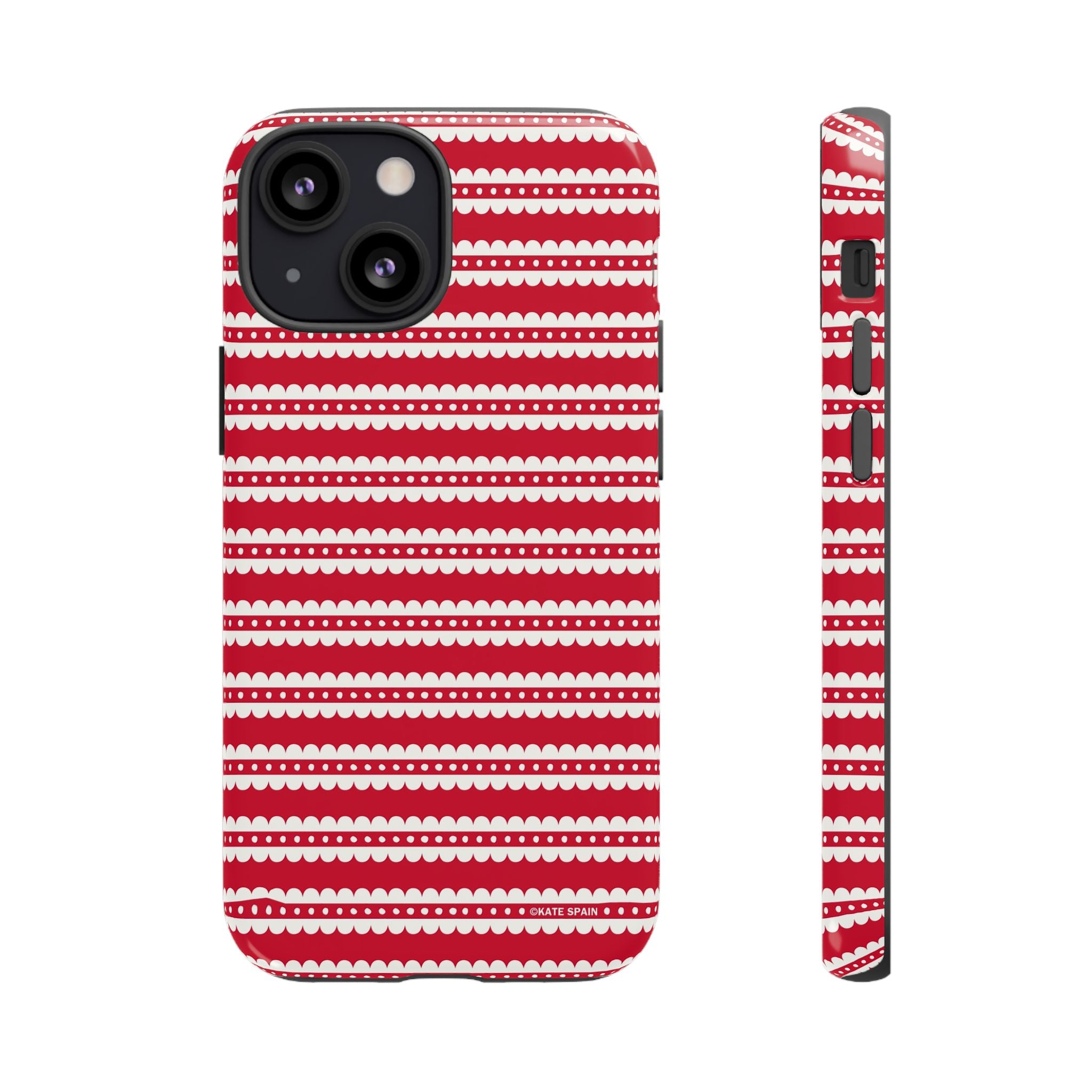 Candy Cane Stripe Tough iPhone 13 Mini Case – Glossy | red, cream scalloped candy cane stripe print