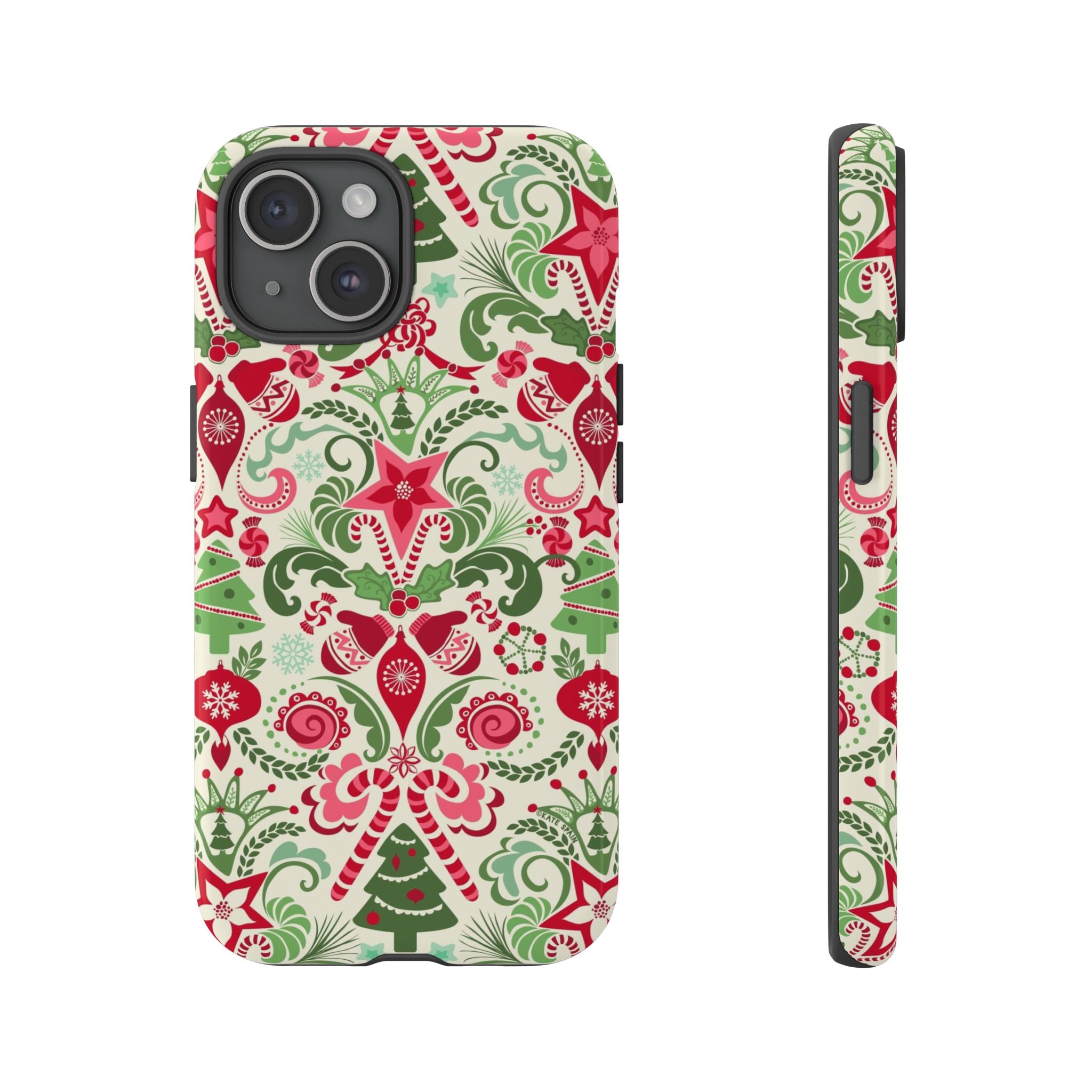 Wonderland Tough iPhone 15 Case – Glossy | cream, red, green Christmas ornament damask print