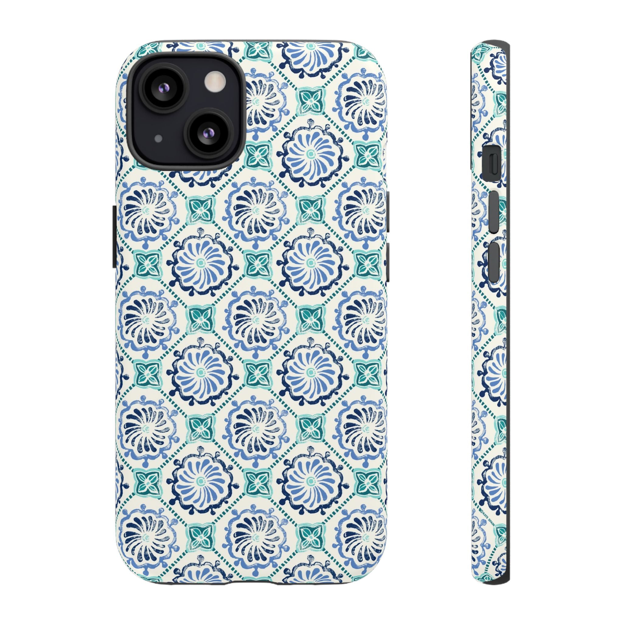 Horizon Blue Tile Tough iPhone 13 Case – Matte | blue, turquoise, cream white dual-layer protection