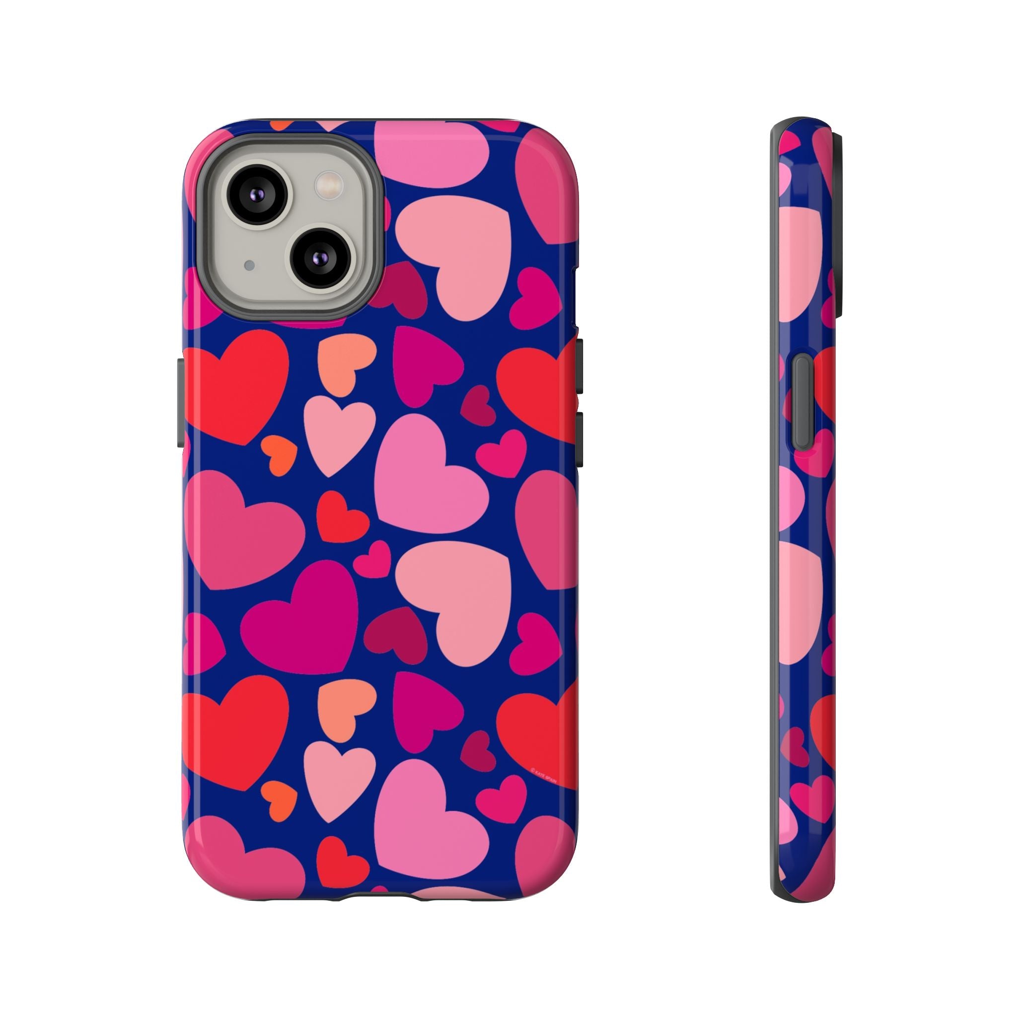 Hearts Tough iPhone 14 Case – Glossy | navy, pink, red, coral scattered heart print