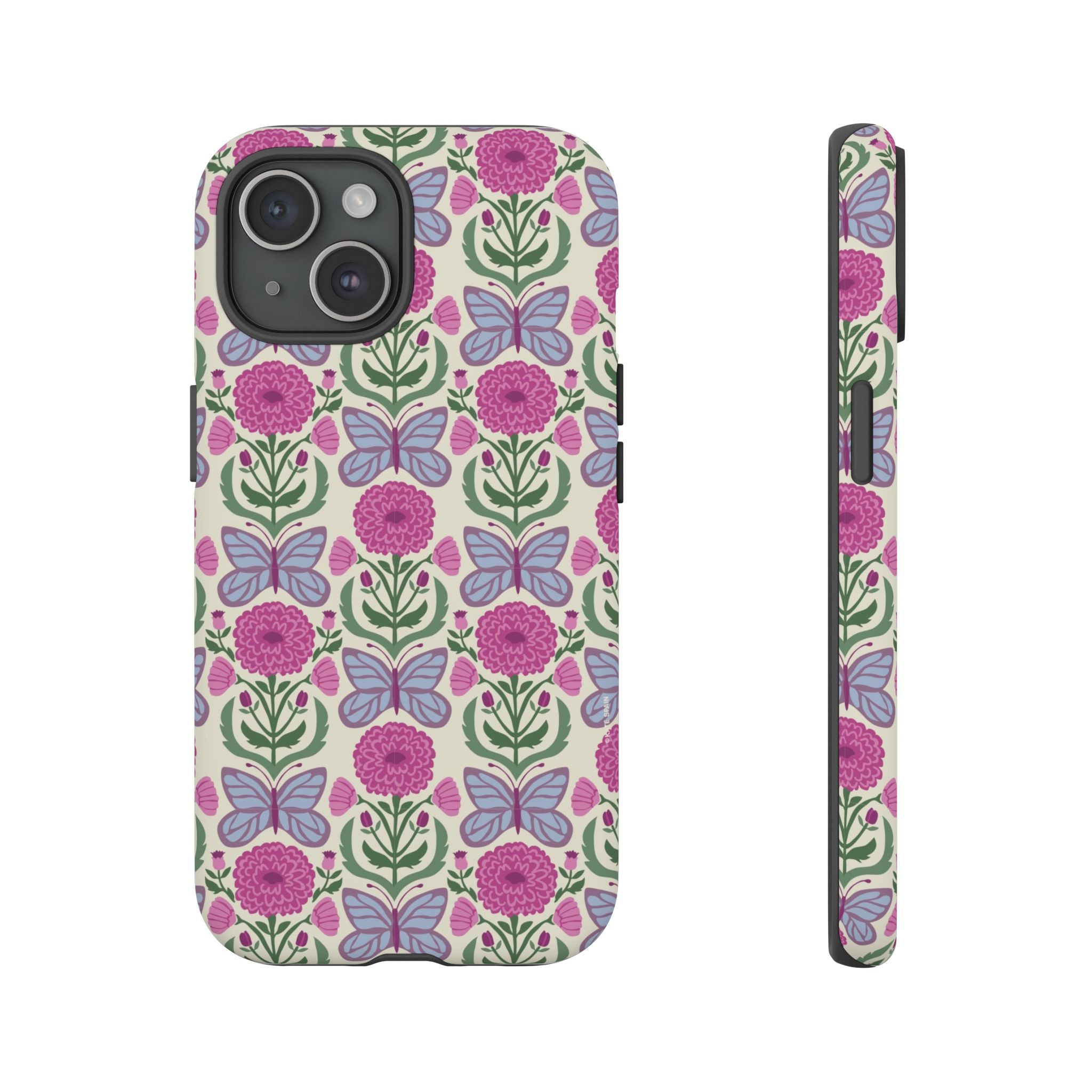 Butterfly Tough iPhone 15 Case – Matte | cream, magenta, periwinkle butterfly floral print