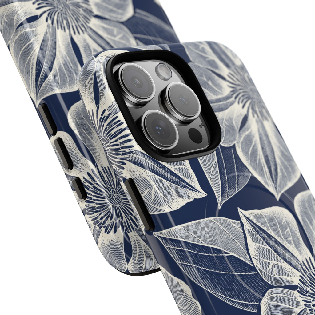 Vintage Bloom Navy MagSafe iPhone 16 Pro Max Case – Glossy | navy ground, large-scale white clematis print, engraved petal detail | side angled view closeup of camera cutout and buttons