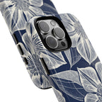 Vintage Bloom Navy MagSafe iPhone 16 Pro Max Case – Glossy | navy ground, large-scale white clematis print, engraved petal detail | side angled view closeup of camera cutout and buttons