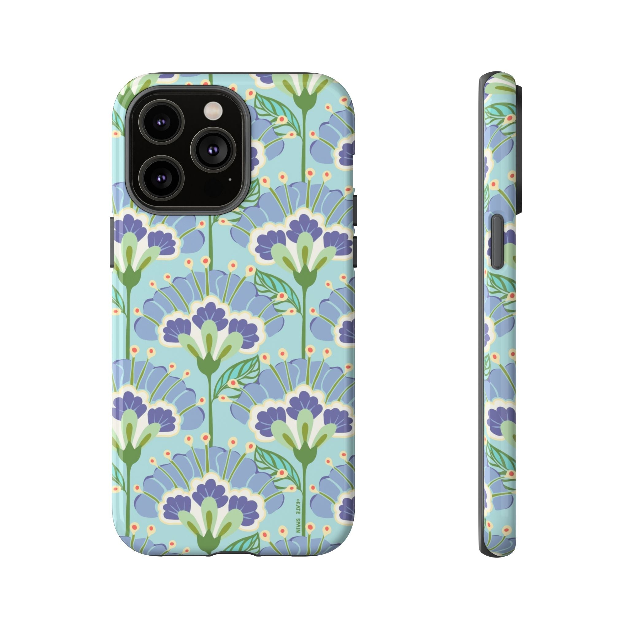 Lantern Flower Tough iPhone 14 Pro Max Case – Glossy | aqua, periwinkle, green botanical lantern floral print