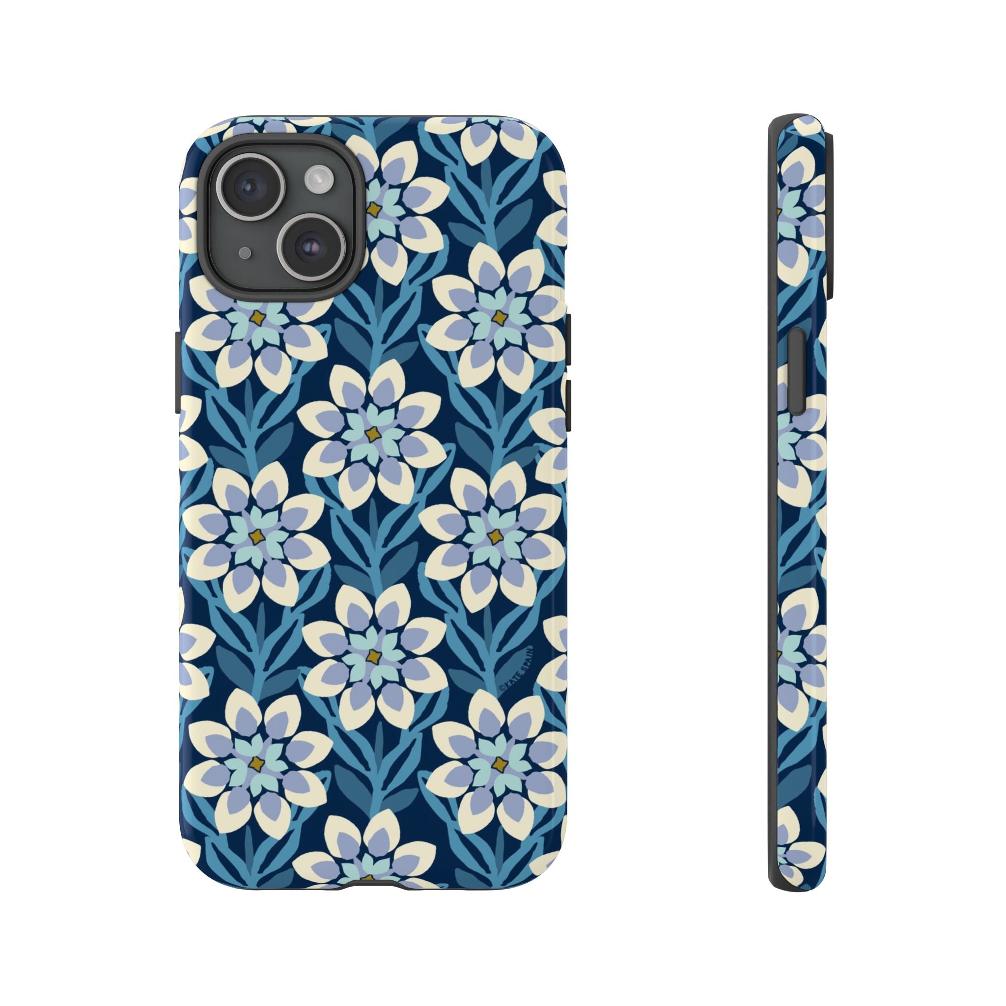 Designer Modern Dahlia Tough iPhone 15 Plus Case – Glossy | navy, cobalt, white dahlia floral print