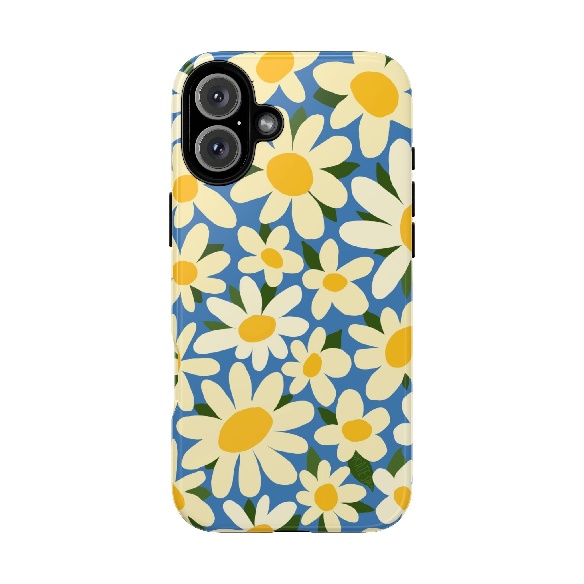 Shasta Daisy Tough iPhone 16 Plus Case – Glossy | blue, cream, yellow daisy floral print