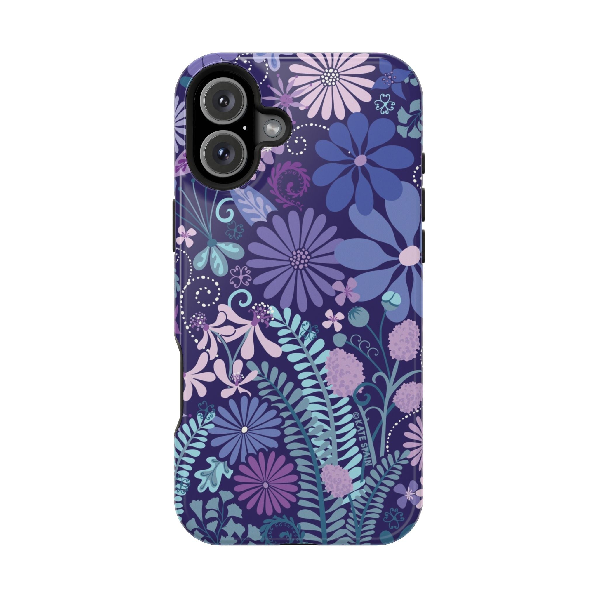 Luxury Terrain MagSafe iPhone 16 Plus Case – Glossy | navy, purple, aqua botanical woodland floral print
