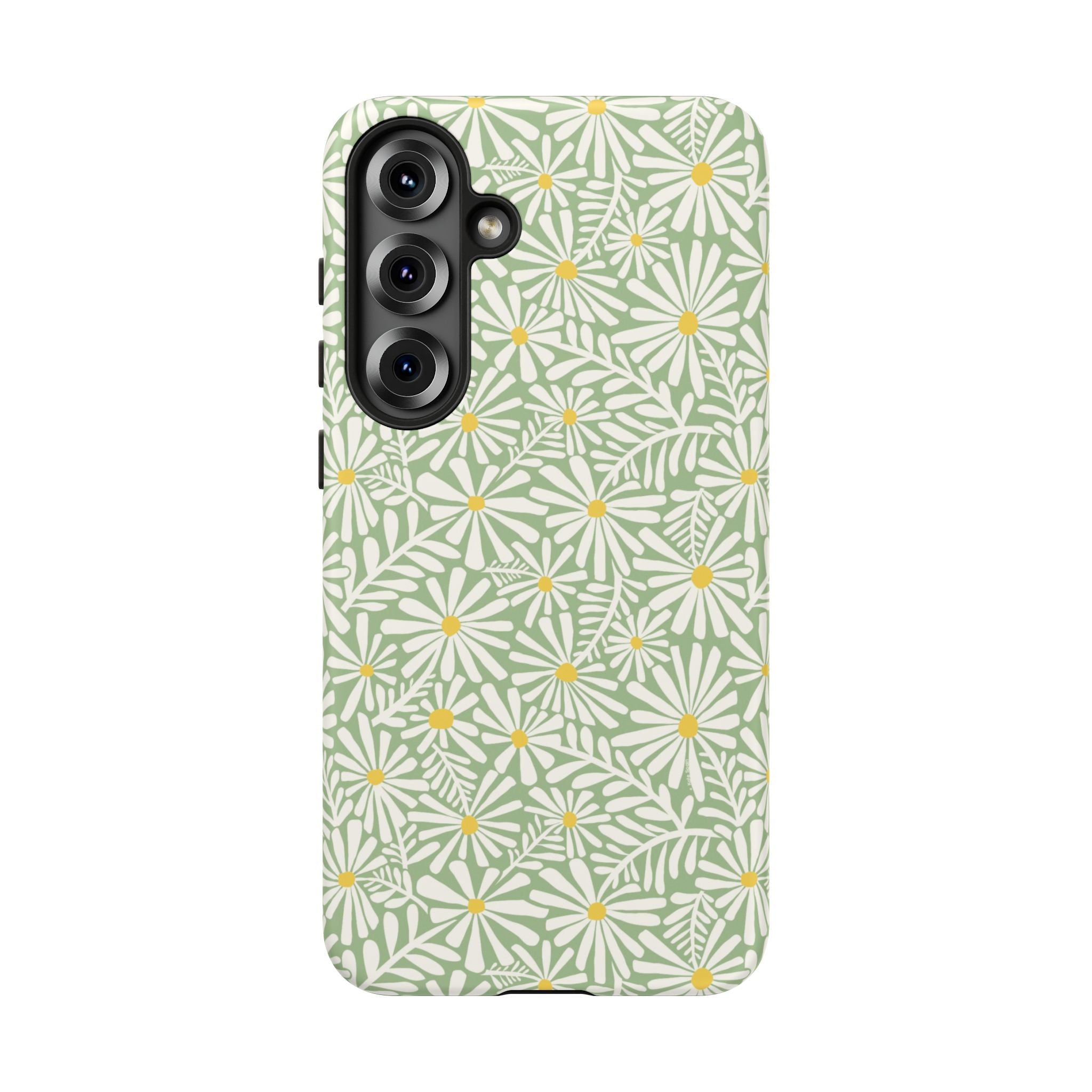 Montauk Daisy Meadow Green Samsung Galaxy S25 Plus Matte case — white daisy and fern print on sage green by Kate Spain