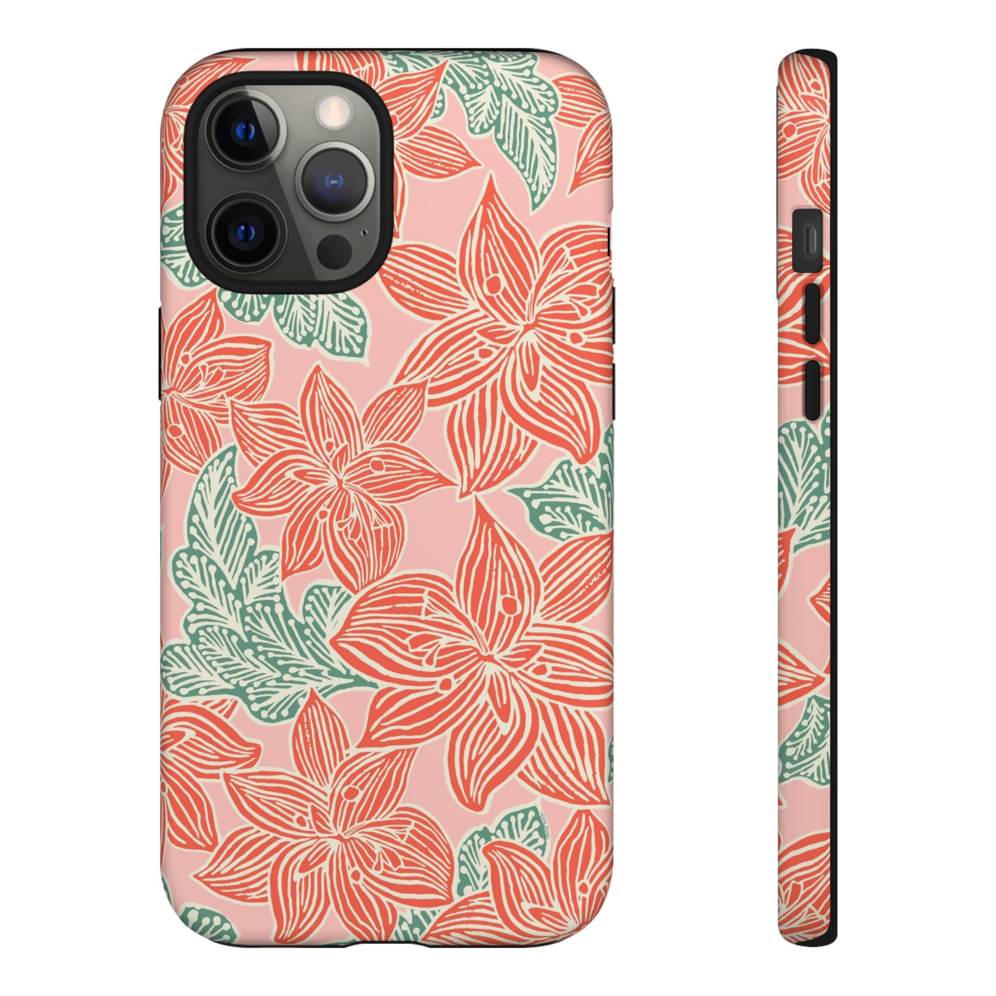 Hibiscus Coral iPhone 12 Pro Max Matte Case — blush pink hard case with large-scale coral red hibiscus flowers and teal-green leaves in a bold botanical linework print, densely layered across the surface