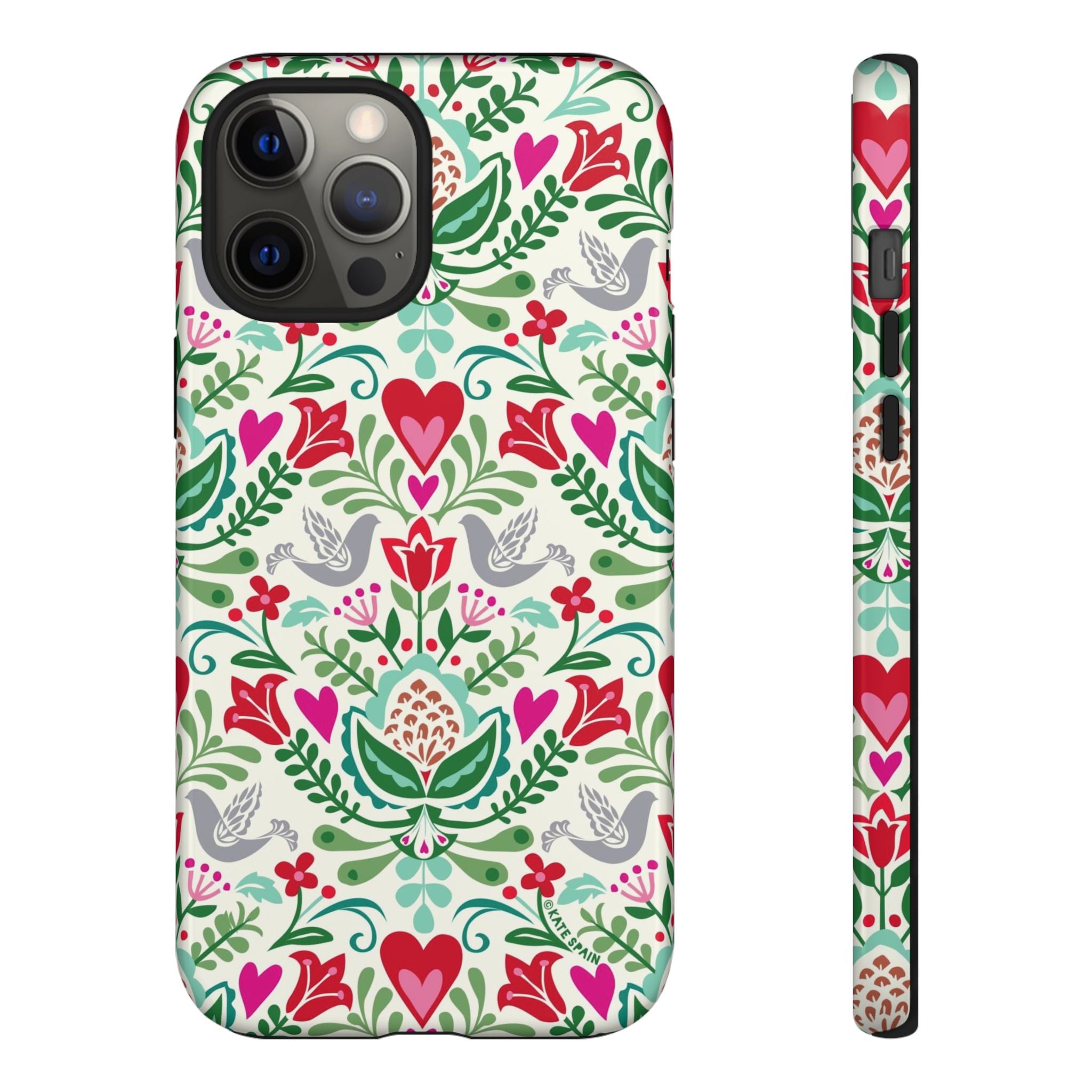 Rosemaling Tough iPhone 12 Pro Max Case – Glossy | cream, red, pink, green, gray folk art floral bird print