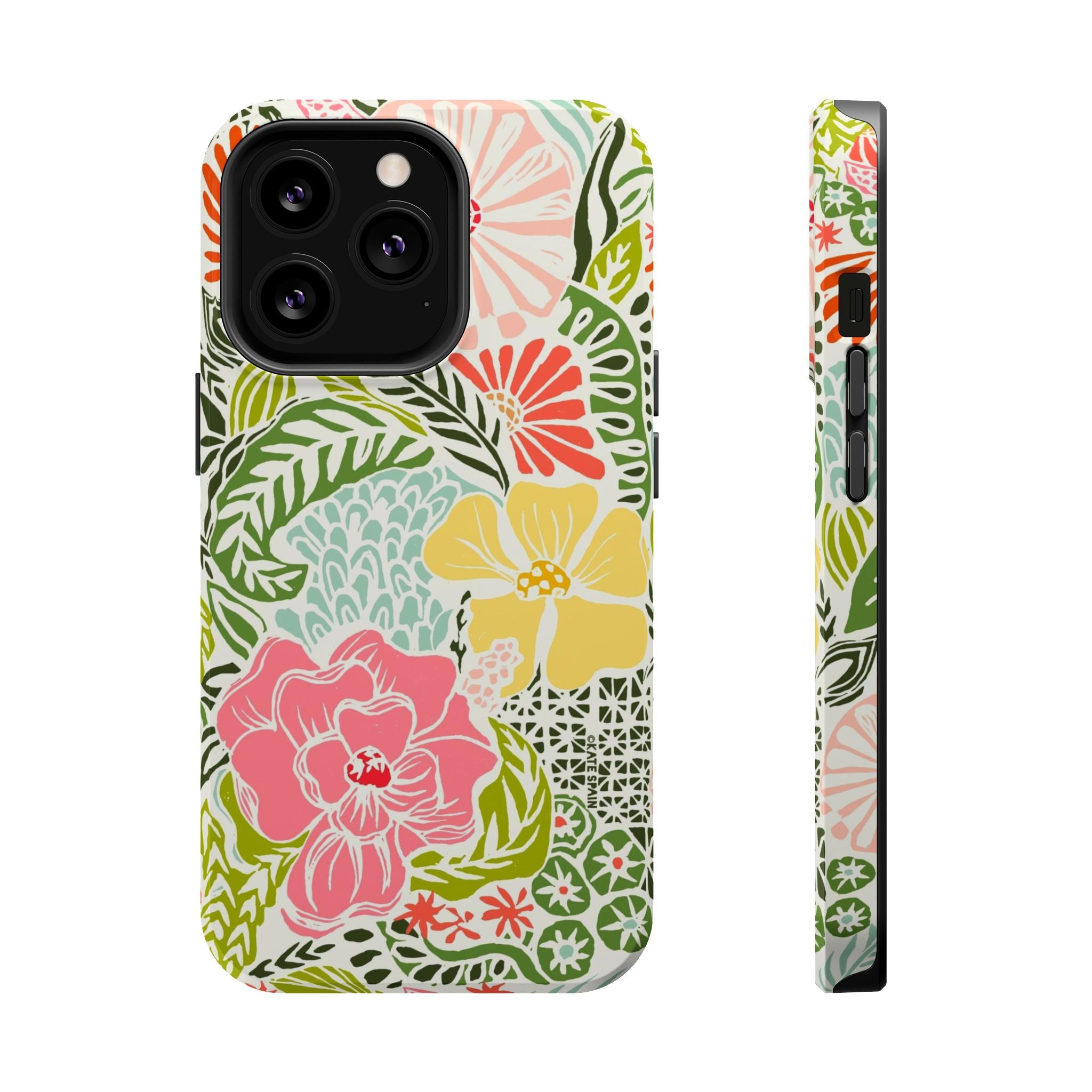Tropica MagSafe iPhone 13 Pro Case – Glossy | cream, pink, yellow, blue botanical floral print MagSafe compatible, dual-layer protection