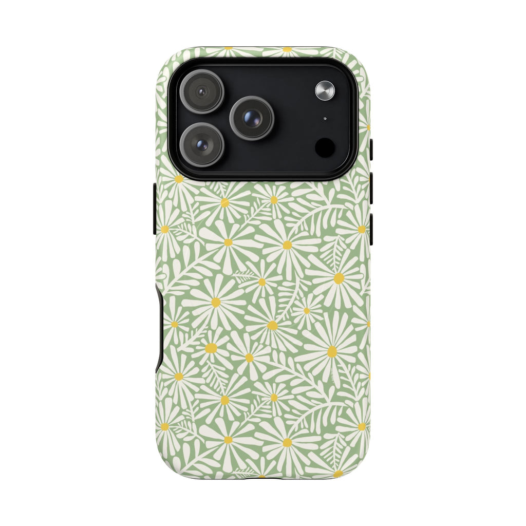 Montauk Daisy Meadow Green MagSafe iPhone 17 Pro Case – Matte | sage green, white graphic daisy and fern print, golden yellow centers MagSafe compatible, dual-layer protection