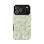 Montauk Daisy Meadow Green MagSafe iPhone 17 Pro Case – Matte | sage green, white graphic daisy and fern print, golden yellow centers MagSafe compatible, dual-layer protection