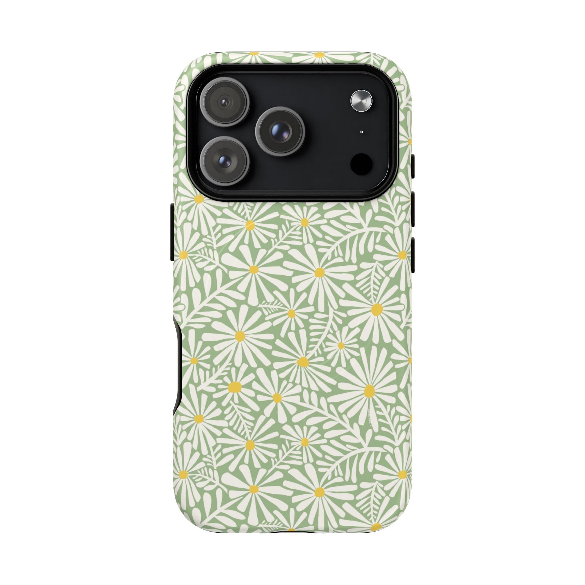 Montauk Daisy Meadow Green MagSafe iPhone 17 Pro Case – Matte | sage green, white graphic daisy and fern print, golden yellow centers MagSafe compatible, dual-layer protection