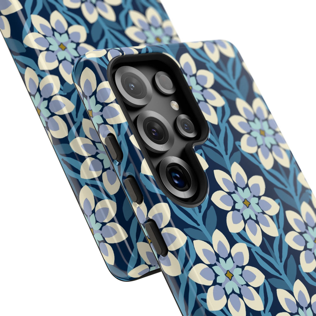 Luxury Modern Dahlia Samsung Galaxy S25 Ultra Case – Glossy | navy, white, periwinkle modern dahlia print