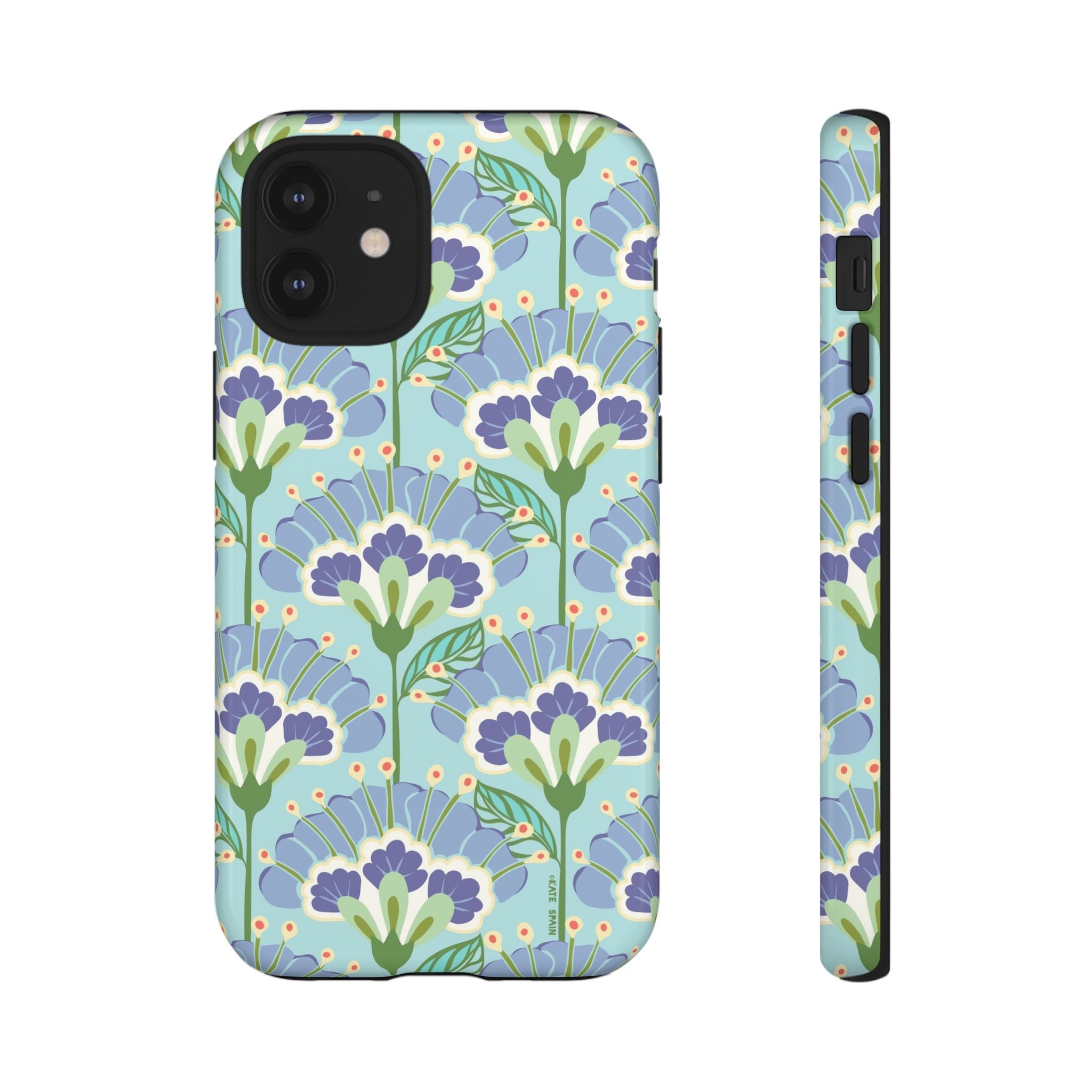 Lantern Flower Tough iPhone 12 Mini Case – Glossy | aqua, periwinkle, green botanical lantern floral print