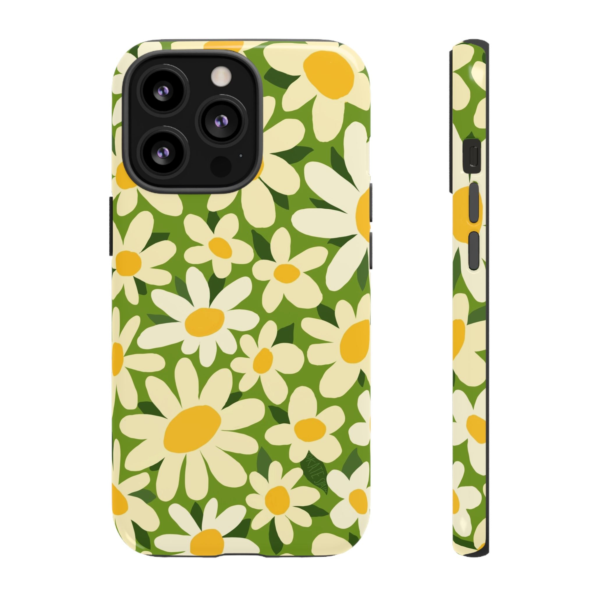 Shasta Daisy Tough iPhone 13 Pro Case – Glossy | green, white, yellow daisy floral print