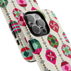 Felicity Ornaments Tough iPhone 16 Pro Max Case – lifestyle angled view | cream, red, pink, green, mint geometric quilted ornament print