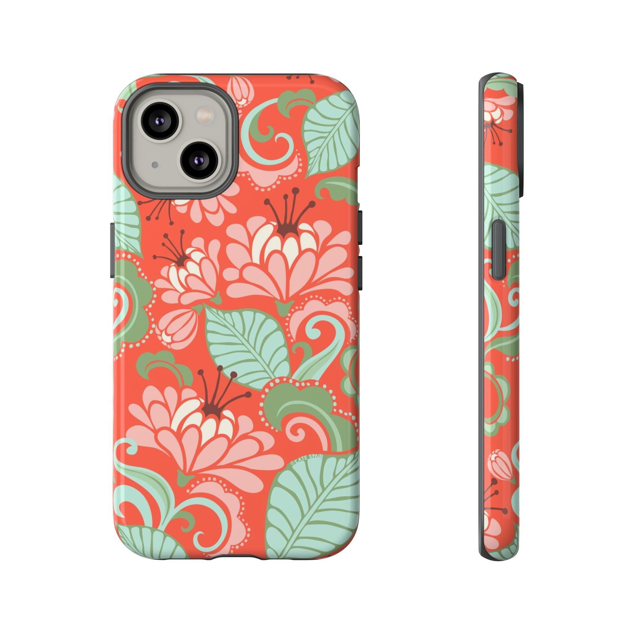 Sarabande Tough iPhone 14 Case – Glossy | coral, pink, cream, green botanical floral print